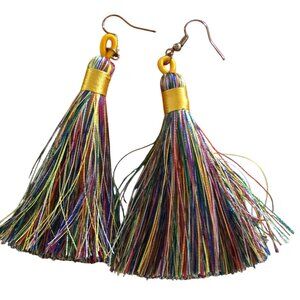 Yellow & Multicolor Tassel Dangle Earrings - Hook Closure